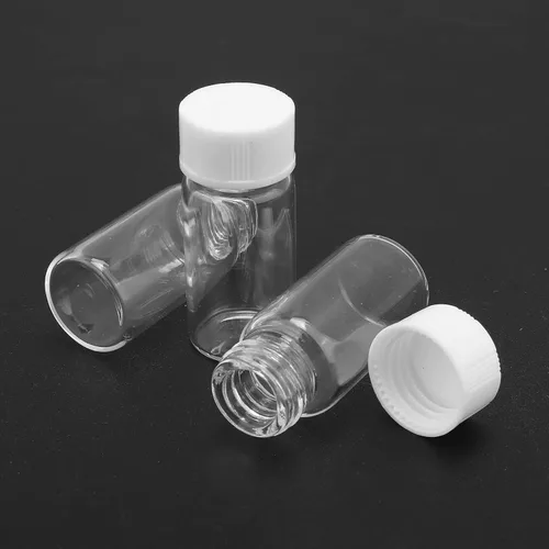 Vista 4 de Frascos de vidrio transparente de 0.2 fl oz con tapas de plástico de rosca, paquete de 100 botellas pequeñas de muestra líquida, frasco a prueba