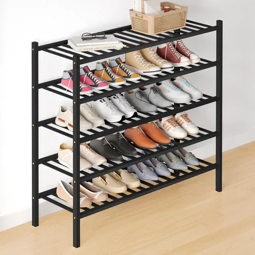 Vista 26 de Smiry Zapatero de bambú para armario, organizador de zapatos de madera de 3 niveles, estante apilable de almacenamiento de zapatos de madera