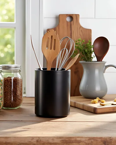 Vista 5 de Portautensilios de cocina, Portautensilios grandes para encimera, Recipiente de cerámica para utensilios, Profundo y estable, Portautensilios