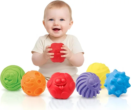Vista 18 de Pelotas sensoriales, juguetes Montessori con sonajero de bebé de 3 a 6 meses 6 Multiple Textured Stress Balls with Blue Rattle, Bright