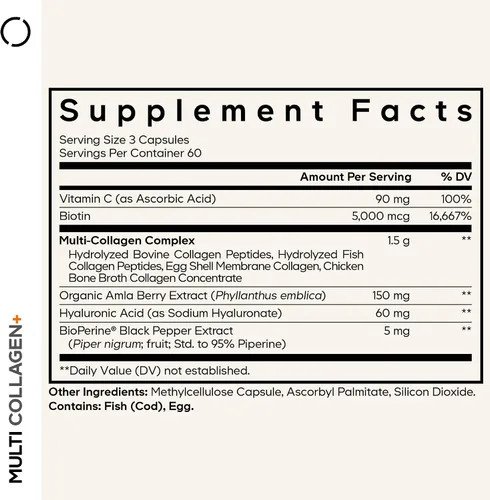 Vista 2 de Codeage Suplemento multicolágeno + con vitamina C, biotina de 5000 mcg, ácido hialurónico, baya amla, bioperina, 5 tipos de colágeno alimentado
