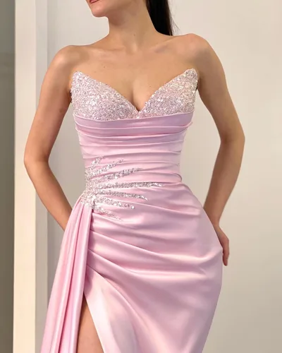 Vista 5 de Vestidos de fiesta sin tirantes con lentejuelas, con abertura de sirena, vestidos de noche formales con cuello en V, vestidos de fiesta para mujer