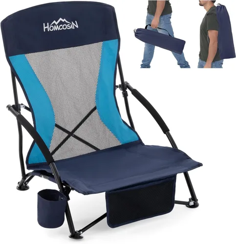 Vista 15 de Homcosan Silla de playa portátil baja plegable con paraguas desmontable, silla de campamento ligera para adultos con portavasos y bolsillo