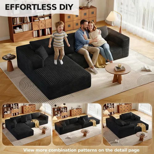 Vista 6 de Sofá Seccional Modular de 108.2" con Asiento Profundo, Sofá de Pana en Forma de L sin Estructura, Comodidad Moderna, Sofá Nube de Gran