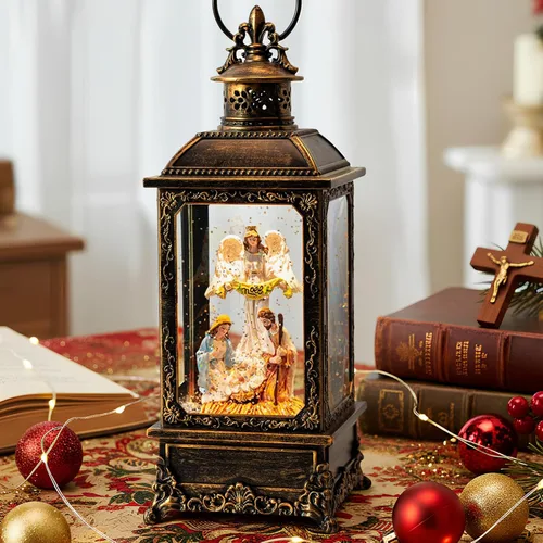 Vista 31 de Globo de nieve navideño con agua brillante, escena de cardenal con música y temporizador, linterna iluminada con USB/operada por batería
