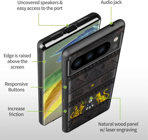 Vista 6 de Carveit Funda de madera de diseñador para Google Pixel 8 Pro (grabado de madera e incrustaciones de carcasa) compatible con cargadores inalámbricos