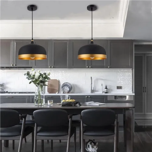 Vista 3 de Modern Black Pendant Lights, Mid Century Vintage Industrial Aluminum Ceiling Hanging Lighting, 39.4in Height Adjustable Dome Chandelier for Kitchen