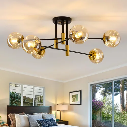 Vista 16 de Lámpara de techo de 1 bombilla de techo con forma de globo de cristal, moderna y semiempotrada de color negro para pasillo, porche, escalera