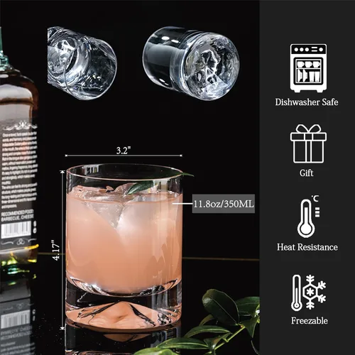 Vista 5 de Juego de 2 Vasos de Whisky de Cristal Soplado a Mano, 12 oz Vasos de Cóctel Old Fashioned, Vaso Lowball Rocks, Base Hexagonal Única para Bourbon