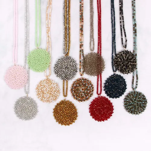 Vista 7 de RIAH FASHION Collar largo con dije de cuentas bohemias, cuentas de cristal brillante, disco trenzado bohemio con alambre redondo, lágrima, piedra