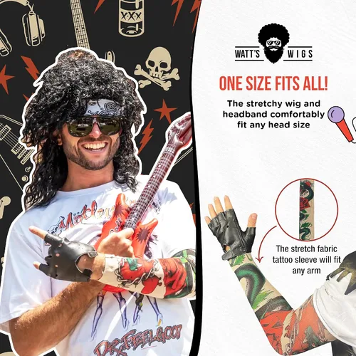 Vista 4 de Watt's Wigs Disfraz de estrella de rock de los años 80 para hombre, peluca negra con diadema, manga de tatuaje y guante, traje rockero de los 80