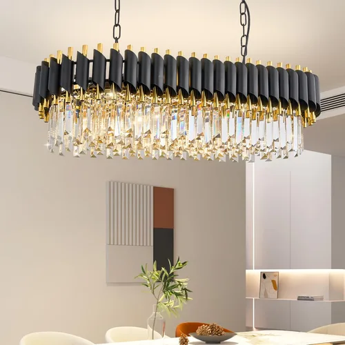 Vista 11 de Candelabro de cristal negro de 20 pulgadas, K9, luces colgantes redondas, ajustables, de 4 niveles, gran lámpara de cristal moderna, 6 luces