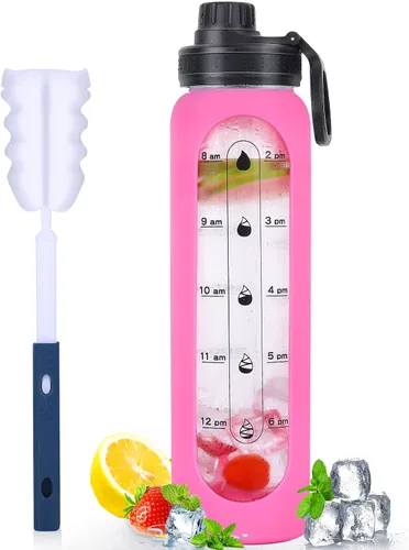 Vista 9 de Botellas de agua de vidrio de 32 onzas con funda de silicona, botellas de hidratación reutilizables de borosilicato de boca ancha, botella de agua