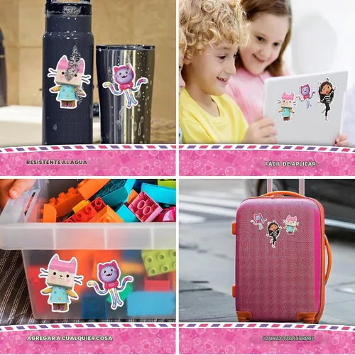 Vista 2 de DreamWorks Gabby's Dollhouse - Juego de 3 calcomanías de vinilo para botella de agua, bicicleta, casco, laptop, monopatín, coche, vinilo resistente