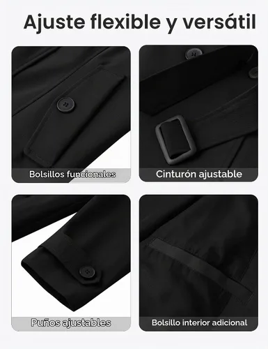 Vista 6 de Wantdo - Gabardina de mujer de talla grande con doble botonadura, impermeable, con solapa, abrigo elegante tipo pea con capucha desmontable Negro
