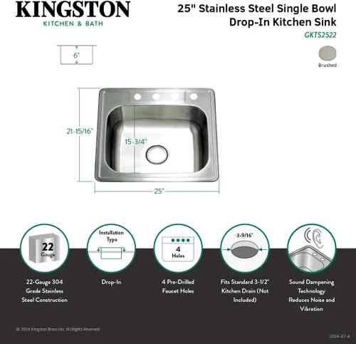 Vista 6 de Kingston Brass Gourmetier GKTS2522 - Fregadero de cocina de acero inoxidable de calibre 22, 4 agujeros, con borde automático, acero inoxidable