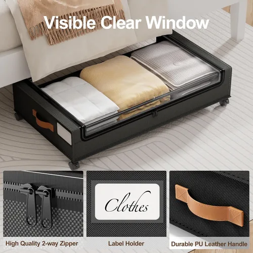 Vista 7 de LAMU Almacenamiento debajo de la cama con ruedas, paquete de 2 contenedores de almacenamiento debajo de la cama con tapa transparente y asa de piel