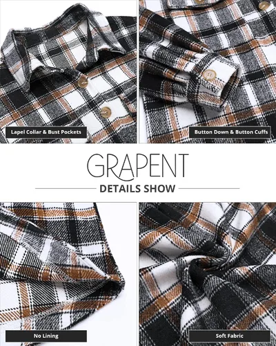Vista 6 de GRAPENT Chaqueta de franela a cuadros de gran tamaño con botones para mujer, abrigos de manga larga