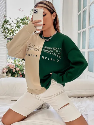 Vista 3 de WDIRARA Sudadera de gran tamaño con cuello redondo y bloque de color para mujer