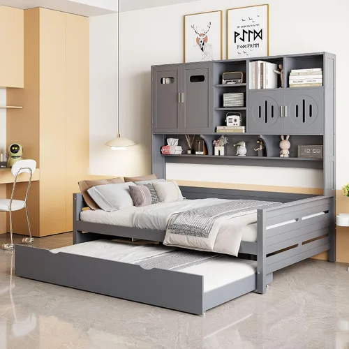 Vista 16 de VilroCaz Cama de sofá de tamaño individual de madera con estantes de almacenamiento y escritorio de estudio, estructura de cama de día Blanco