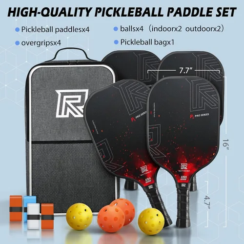 Vista 7 de T-300 - Juego de 4 o 2 palas de pickleball de fibra de carbono, aprobadas por USAPA, textura de giro, control y potencia equilibrados, kit de inicio