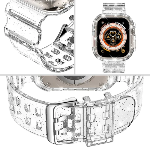 Vista 10 de DABAOZA - Correa transparente compatible con Apple Watch con estuche protector, correa deportiva de TPU con brillo para mujeres y hombres