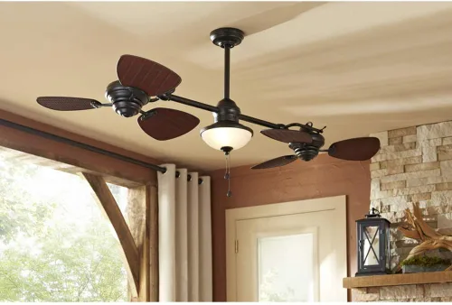 Vista 4 de Harbor Breeze Twin Breeze II Ventilador de techo de 74" con varilla de extensión para exterior en bronce refregado en aceite