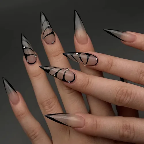 Vista 27 de BABALAL - Uñas postizas largas a presión, uñas postizas negras y rojas, uñas acrílicas de almendra con diseño gótico de vampiro, uñas adhesivas