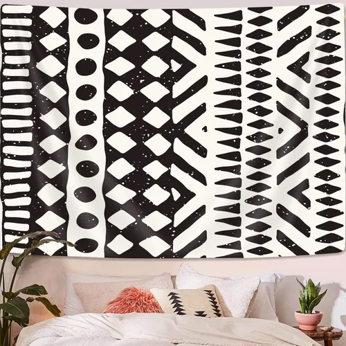 Vista 3 de Tapiz africano de tela de barro, arte para colgar en la pared, diseño tribal afrocéntrico étnico bohemio con elementos geométricos, tapices