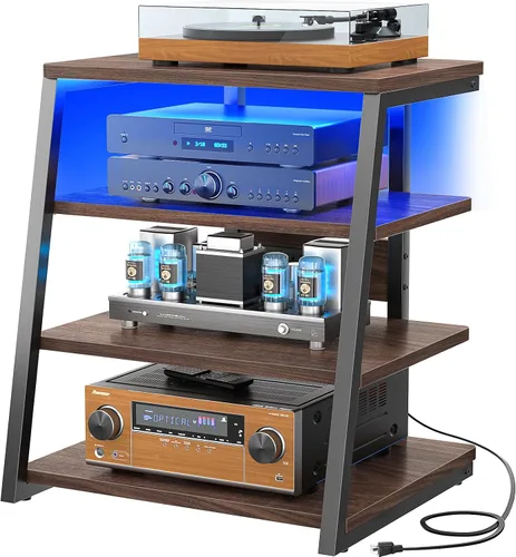 Vista 11 de Soporte multimedia AV de 4 niveles con tiras de alimentación, soporte estéreo con luces LED, torre de audio en rack con estantes ajustables, pequeño