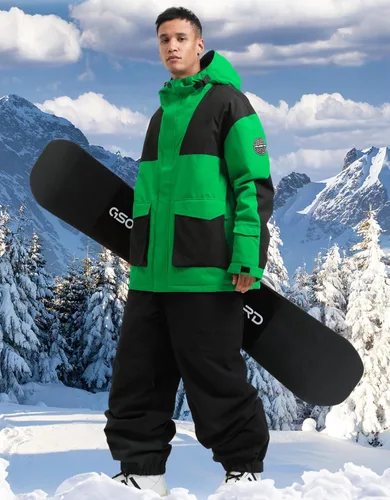 Vista 9 de GSOU SNOW Chaqueta de esquí para hombre, abrigo de nieve para snowboard, cálido, invierno, impermeable, con capucha