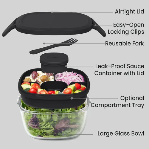 Vista 5 de Bentgo Recipiente de Ensalada de Vidrio Todo en Uno - Ensaladera Grande de 61 oz con Tapa, Bandeja Estilo Bento de 4 Compartimentos, Recipiente
