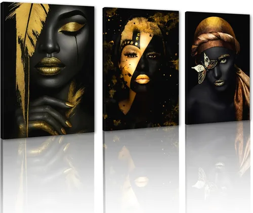 Vista 44 de MAMAGO Lienzo decorativo para pared, pintura de belleza dorada y negra, fotos de mujeres africanas, hermosos pósteres de mujer negra, impresiones