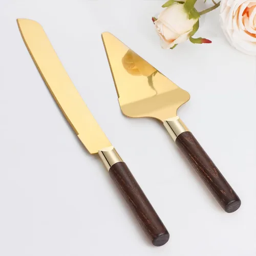 Vista 7 de Juego de corte de pastel dorado para boda, juego de cuchillo de pastel de madera y servidor, juego de corte de pastel rústico de 2 piezas, cubiertos