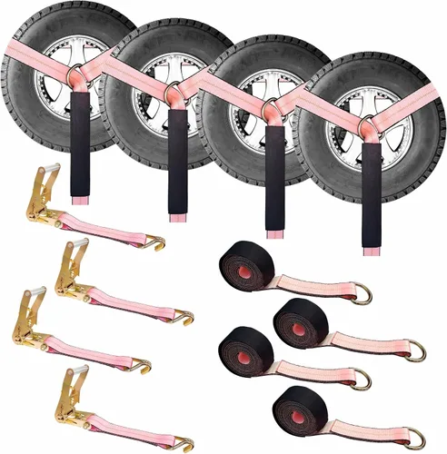 Vista 17 de Mega Cargo Control Juego de 4 correas de lazo de anillo D de elevación de rueda de 2 pulgadas x 10 pies con (4) trinquetes de 2 pulgadas, (4)