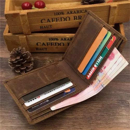 Vista 5 de CZDYUF - 1 cartera corta de dos pliegues para hombre, cartera retro hecha a mano con múltiples tarjetas
