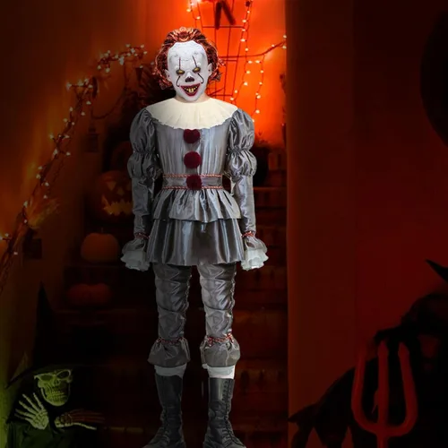Vista 7 de Disfraz de payaso para adultos, disfraz de payaso para Halloween, disfraz de payaso aterrador para adolescentes, juego de rol para hombres y mujeres