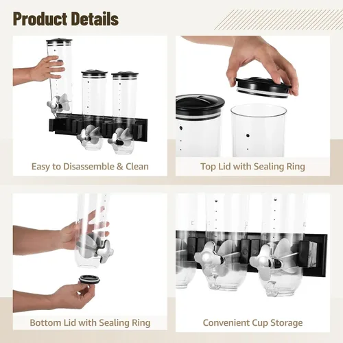 Vista 5 de Dispensador de pared de 3 cabezales, dispensador grande de alimentos secos de 4.5L, dispensador de cereales y dispensador transparente, recipiente