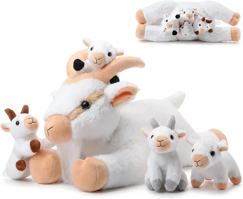Vista 8 de HyDren Juego de 5 piezas de peluche de cabra de 18 pulgadas, peluche de cabra con 4 peluches de bebés en su barriga, almohada de felpa suave de Gris