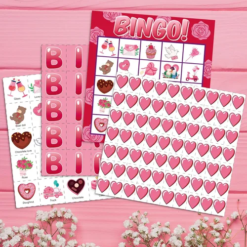 Vista 5 de jollylife Tarjetas de bingo para 40 jugadores para el día de San Valentín, suministros para fiestas, actividades para adultos (rosa)
