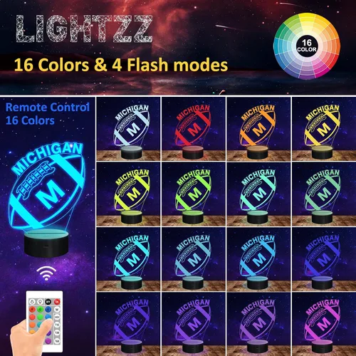 Vista 2 de Luz nocturna de fútbol 3D Michigan, regalos de fútbol, lámpara de ilusión 3D para niños, regalo de 16 colores cambiantes, control remoto