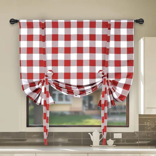 Vista 19 de Simple Deluxe 2 cortinas de cocina a cuadros de búfalo, cortinas cortas a cuadros para ventanas de media cafetería, 26 pulgadas de ancho x 36 Negro