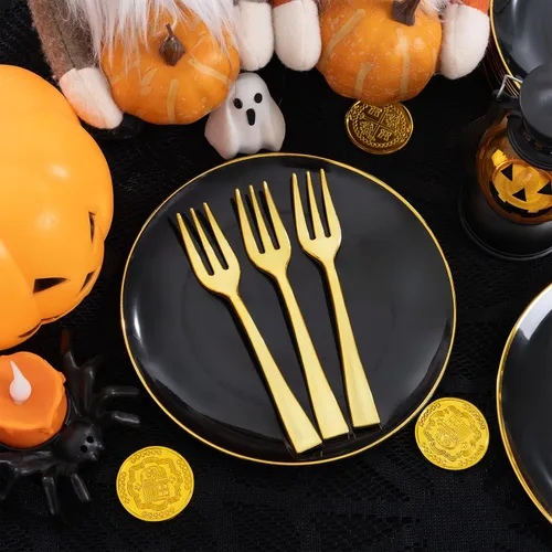 Vista 6 de Festiva 200 Piezas Platos de Postre Negro y Dorado de 6.3" con Tenedores de Plástico de 5"- Platos Desechables Pequeños- Platos de Plástico
