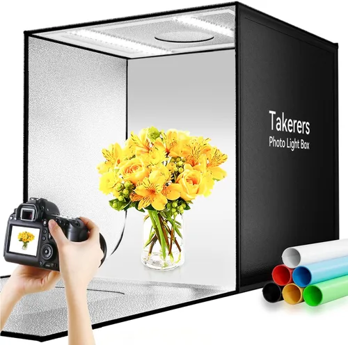 Vista 9 de Takerers Caja de Luz de Estudio Fotográfico de 12"x12"x12" con Cabina de Fotografía con 120 LEDs, 3000-5700K Ajustable, 6 Fondos de Colores, Carpas