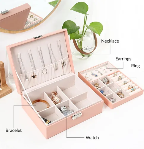 Vista 3 de Caja de joyería de 2 capas organizador de cuero sintético organizador de joyería de viaje con bandeja extraíble y caja de almacenamiento de collar