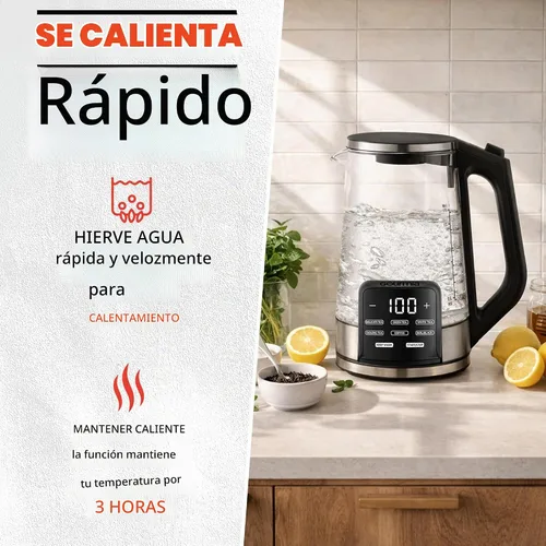Vista 4 de Gourmia Hervidor eléctrico programable de vidrio – 1.7L Control de temperatura para té y café con pantalla táctil digital, 6 ajustes