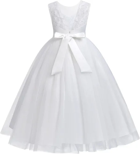 Vista 3 de IDOPIP Vestidos blancos de primera comunión para niñas, vestido largo de tul para boda, dama de honor, concurso, cumpleaños, bautizo, fiesta