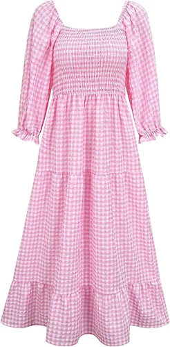 Vista 6 de NIUQI Vestido midi bohemio a cuadros para mujer cuello cuadrado hombros descubiertos manga abombada fruncido escalonado con volantes