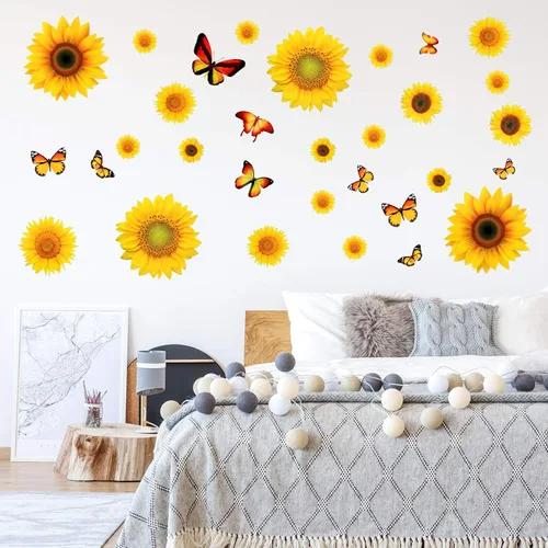 Vista 4 de Tenare 116 calcomanías de pared de girasol, calcomanías de mariposa 3D, autoadhesivas, girasol, flores amarillas, mariposa, impermeable, decoración