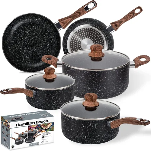 Vista 11 de Hamilton Beach Juego de utensilios de cocina cubiertos de aluminio, sartén antiadherente, horno holandés con mango de baquelita suave al tacto, Negro
